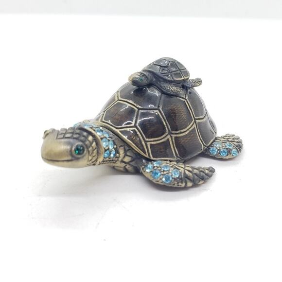 Jeweled Turtle Trinket Box Enamel Metal Mom & Baby Sea Turtles Crystal Eyes - Picture 1 of 8